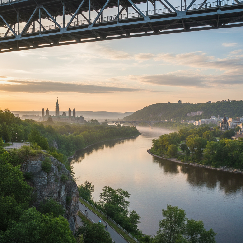 View of Parliament Hill and the Ottawa River from the Alexandra Bridge pedestrian walkway