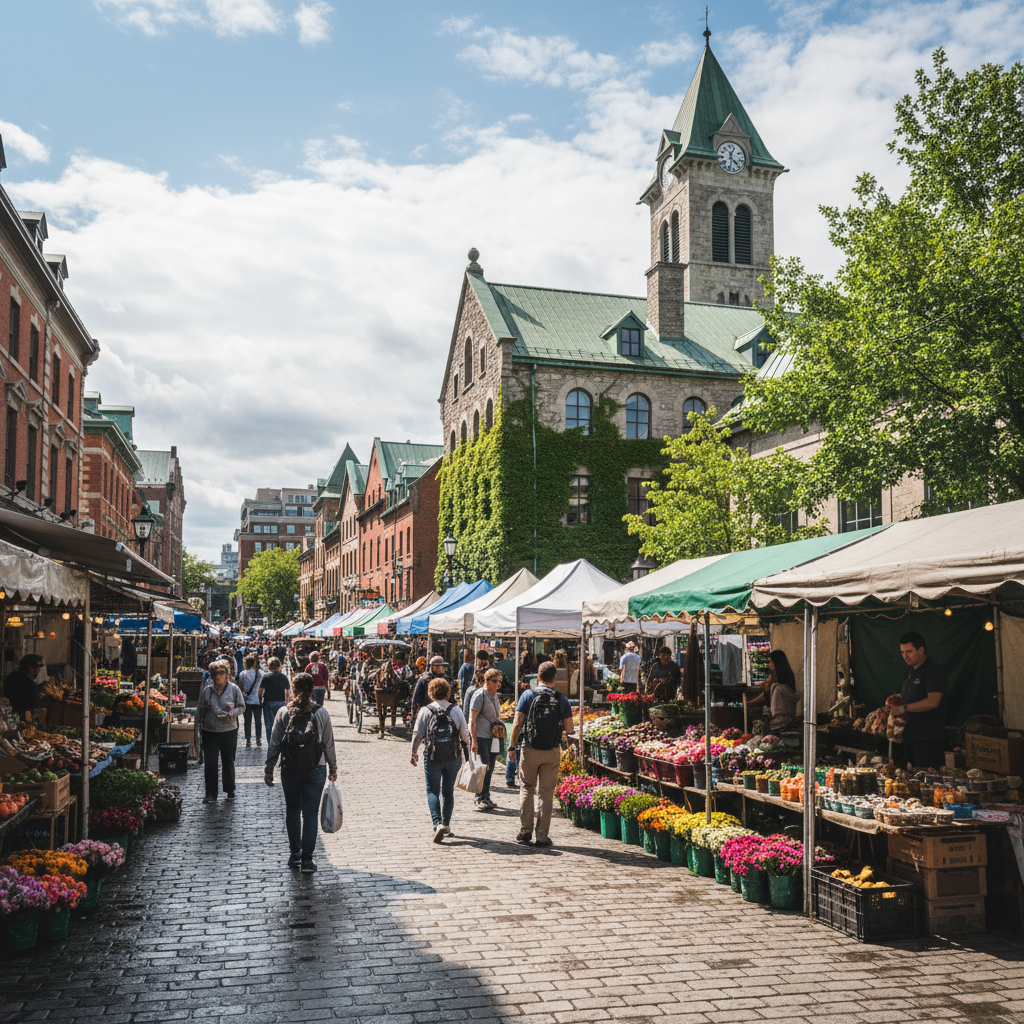 ByWard Market on a sunny day with vendors and shoppers on the cobblestone streets