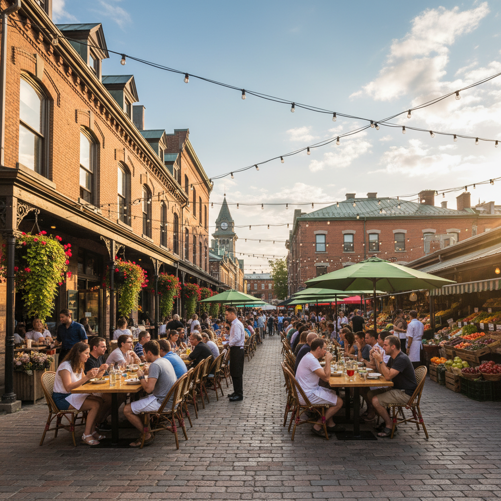 Outdoor dining tables along a cobblestone street in the ByWard Market area of Ottawa