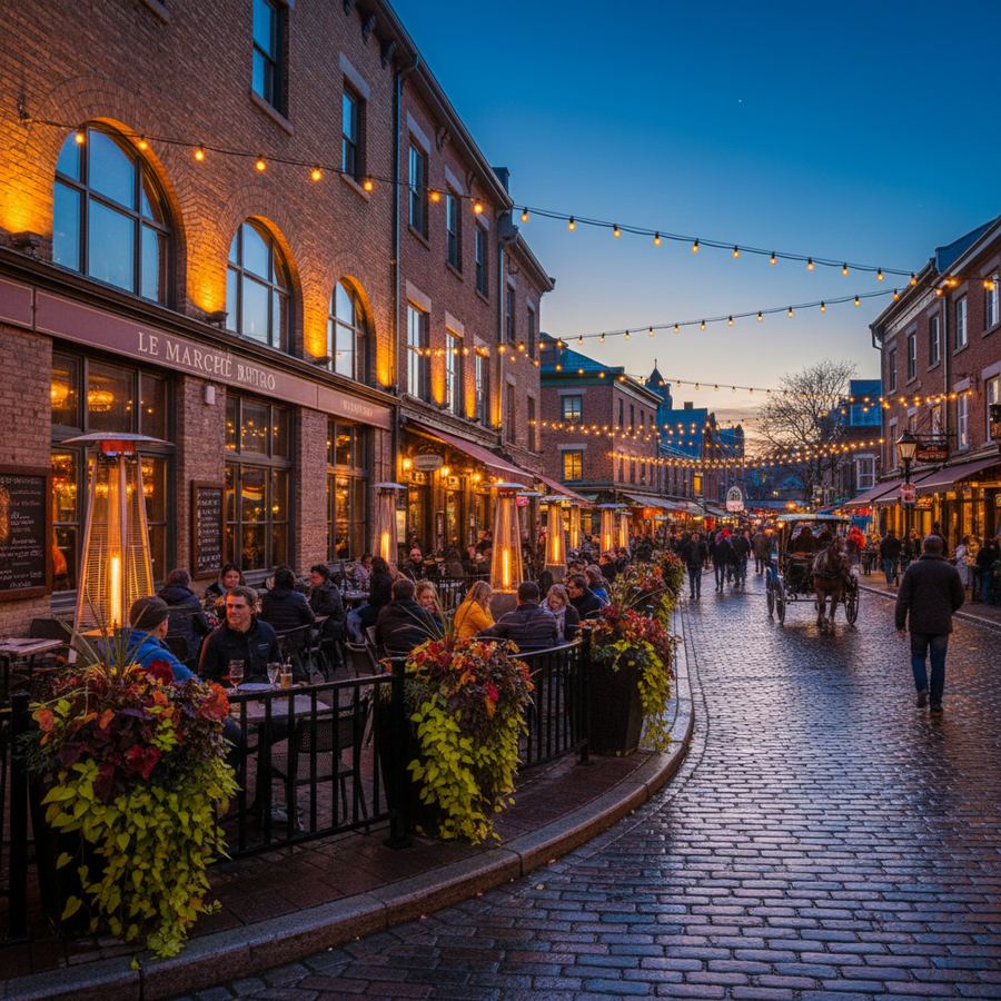 Restaurants along York Street in the ByWard Market lit up in the evening with outdoor seating