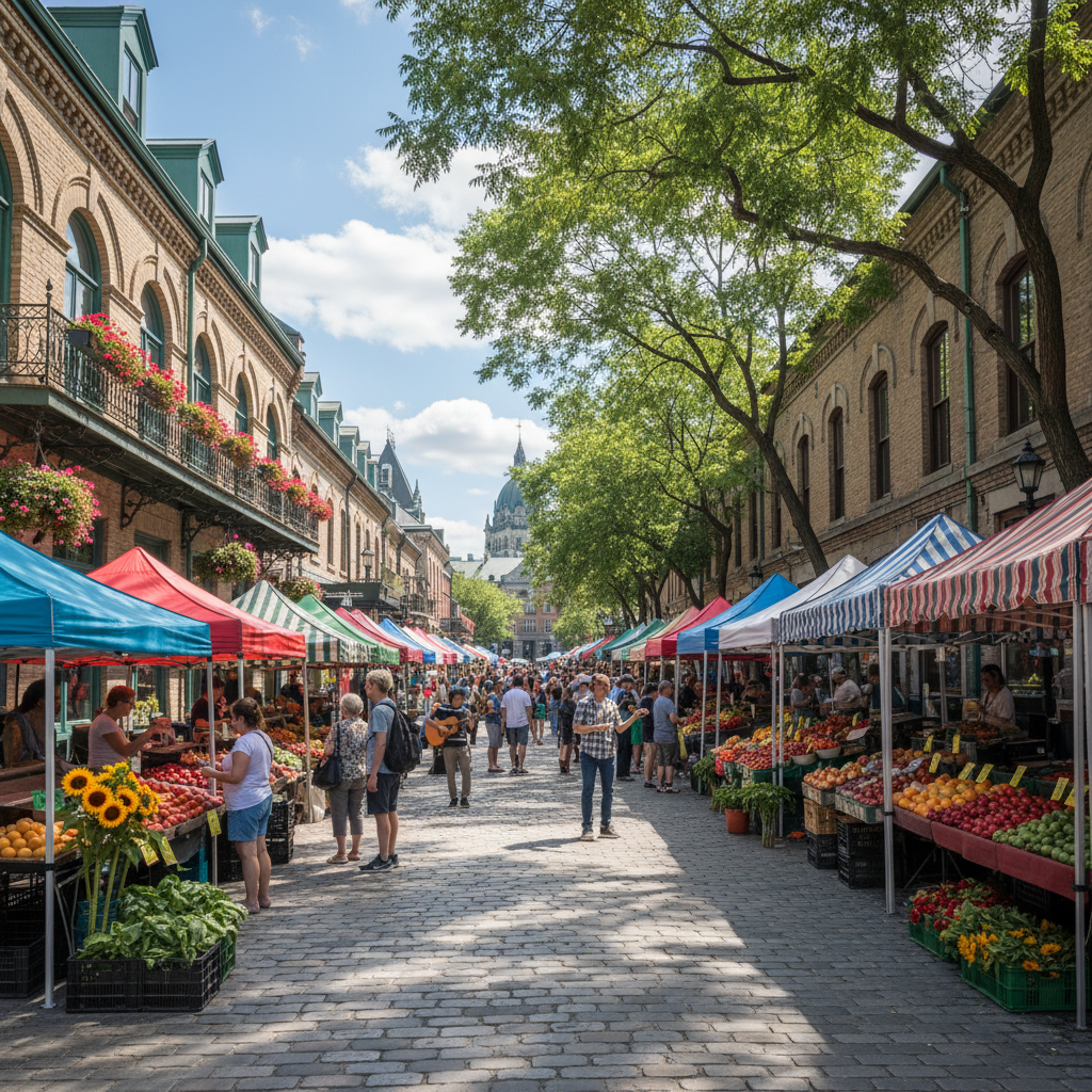 ByWard Market stalls with fresh produce and flowers on a summer morning