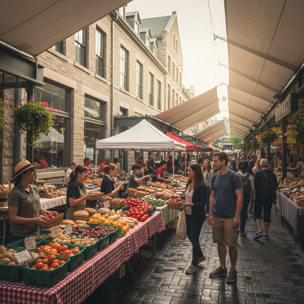 Outdoor vendor stalls with fresh produce and flowers in the ByWard Market in Ottawa