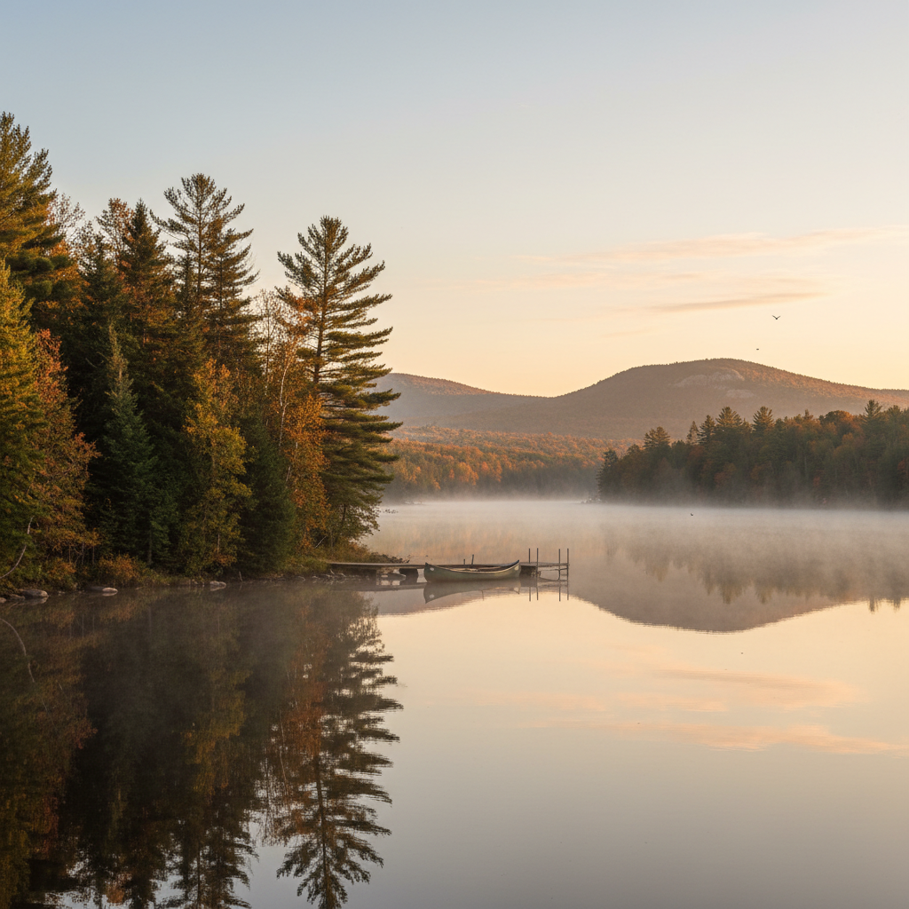 Morning mist over Calabogie Lake with forested hills in the background