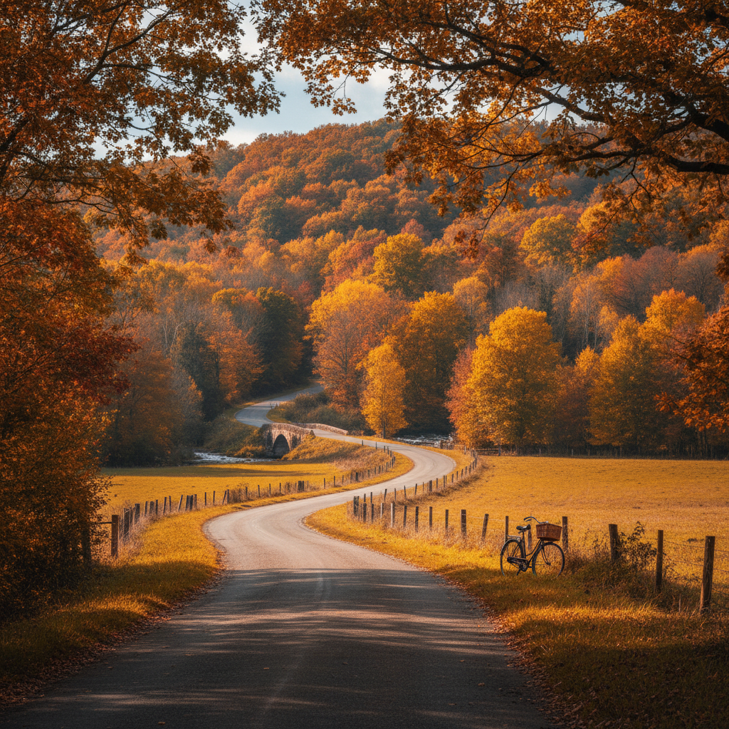 A rural road through farmland east of Ottawa with autumn colours in the distance