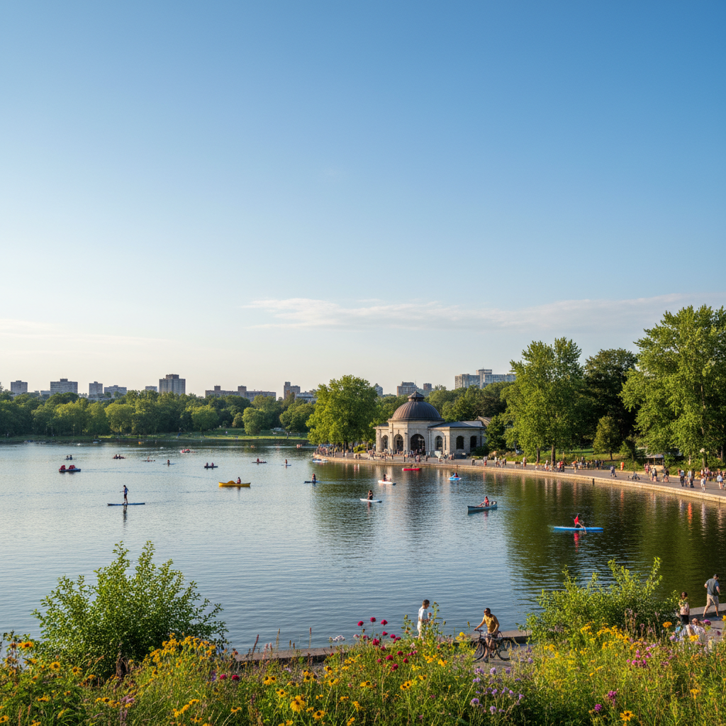 Paddleboats on Dow's Lake with the pavilion visible in the background