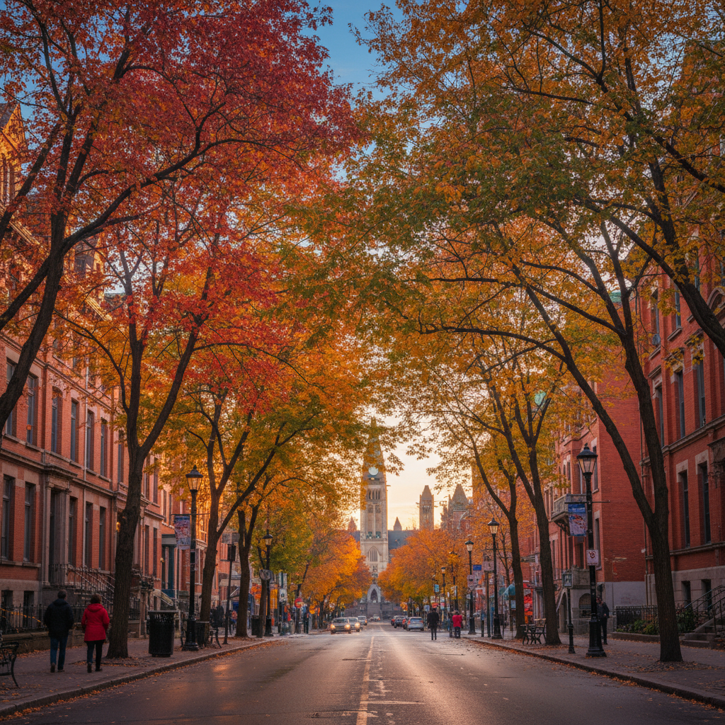 Elgin Street in Ottawa with colourful storefronts and mature trees along the sidewalk in autumn