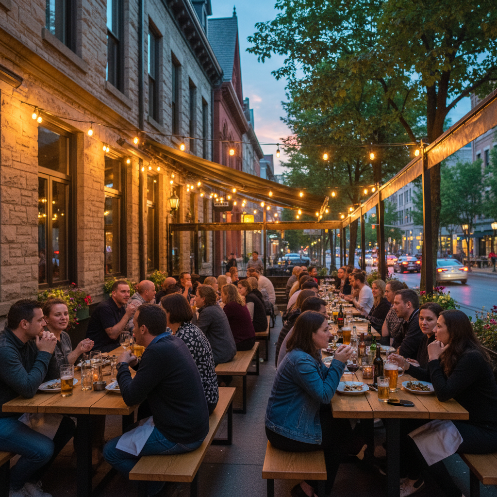 Diners on a patio along Elgin Street in Ottawa on a warm evening