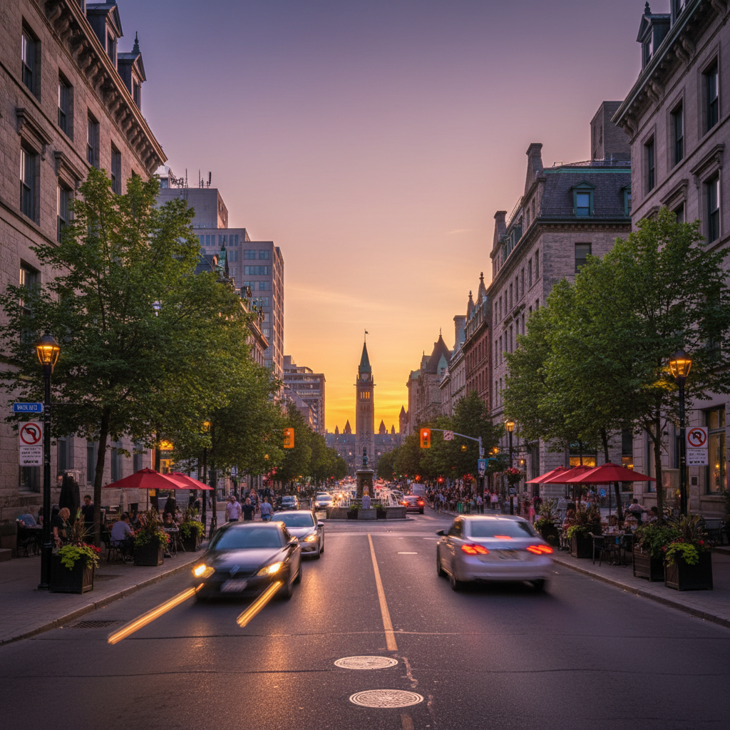 Elgin Street on a summer evening with restaurant patios and pedestrians