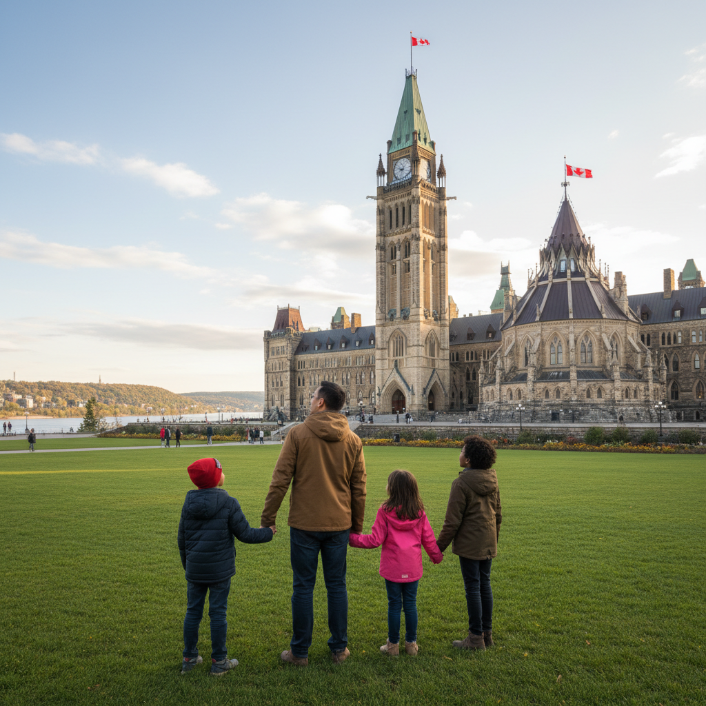 A family walking across the grounds of Parliament Hill in Ottawa on a sunny day