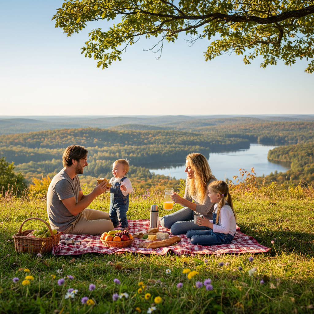 Family having a picnic at a Gatineau Park lookout
