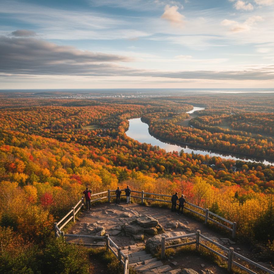 View from a lookout in the Gatineau Hills with fall colours and the Ottawa River below