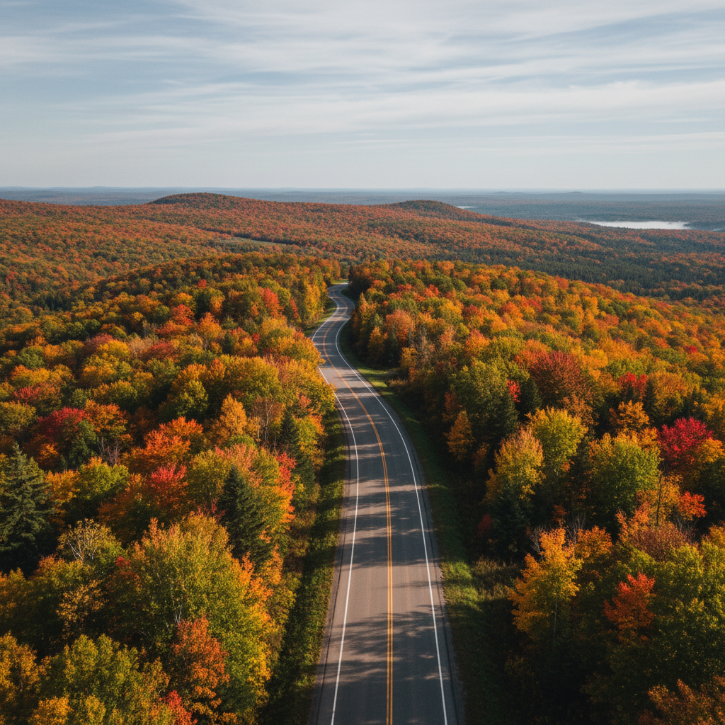 A winding road through the Gatineau Hills with dense forest and fall colours on both sides
