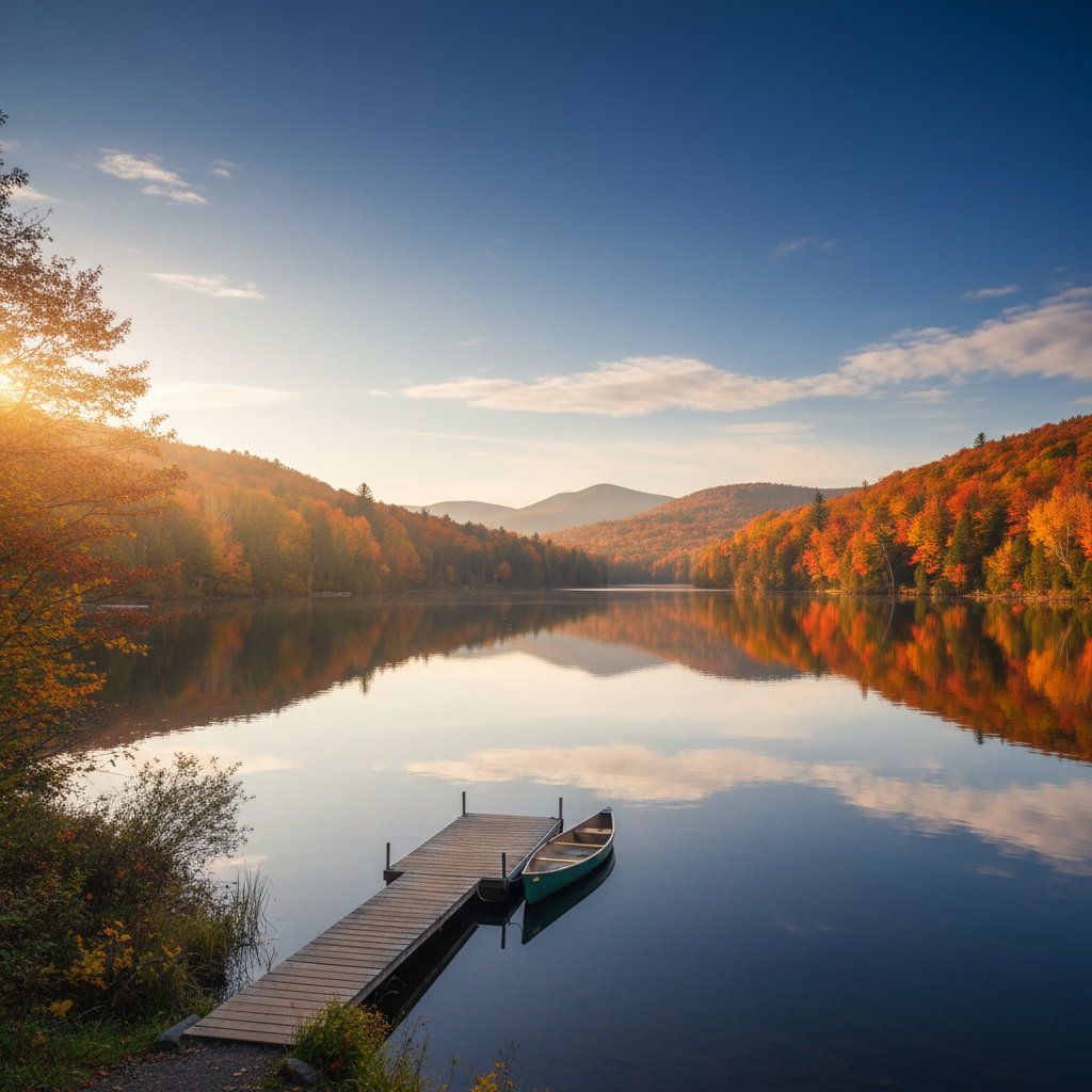 A calm lake surrounded by trees in Gatineau Park on a sunny fall day