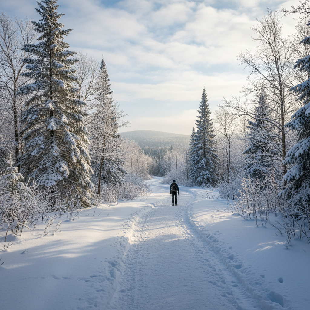 A snowy trail through Gatineau Park with tall pine trees and cross-country ski tracks