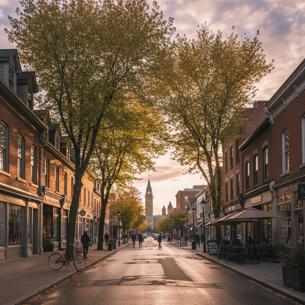 Wellington Street West in Hintonburg with colourful storefronts and a mural on a brick wall