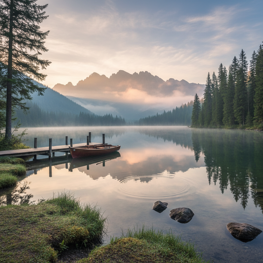 Misty morning view over a calm lake surrounded by forest near Ottawa