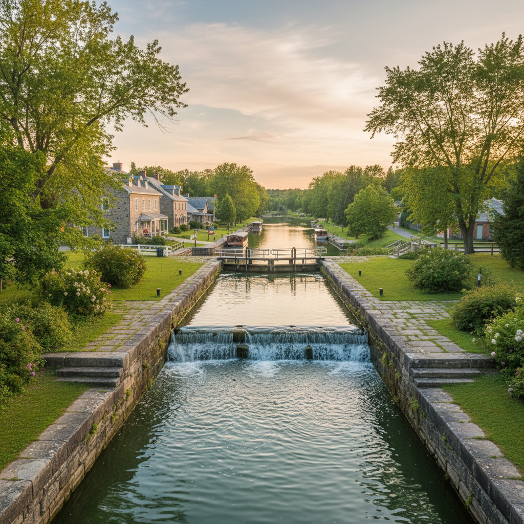 Rideau Canal locks in Merrickville with stone buildings and trees along the waterway