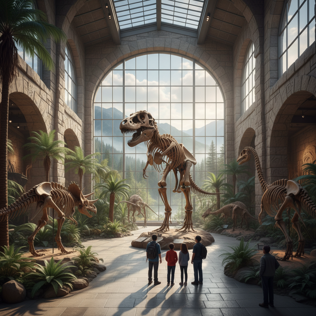 A child looking up at a large dinosaur skeleton display in the Canadian Museum of Nature