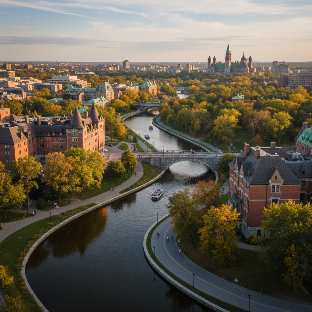 Houses and trees along the Rideau Canal in a residential Ottawa neighbourhood