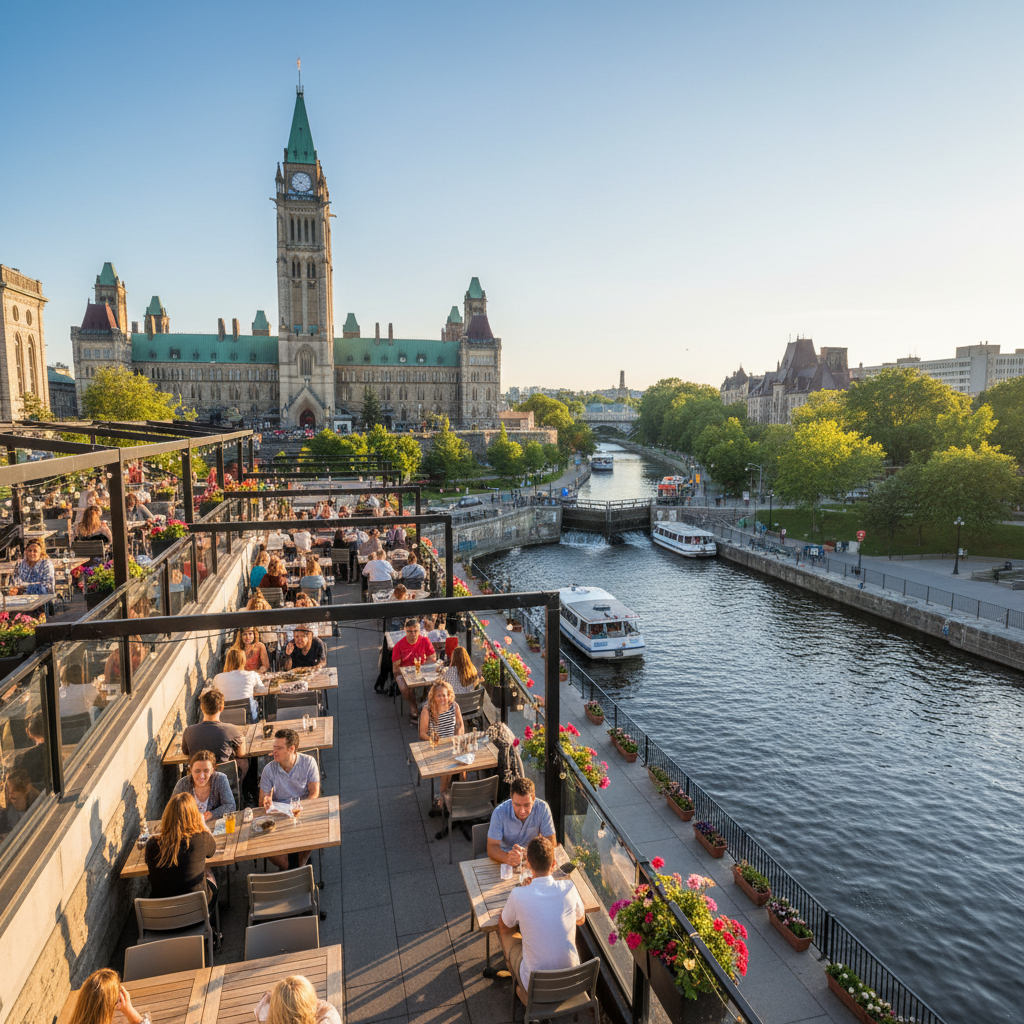 Patios along Elgin Street on a warm evening with string lights and diners