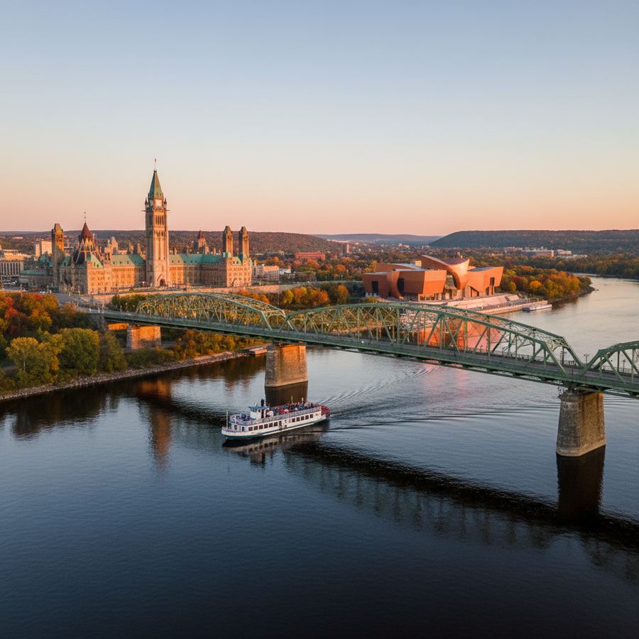 View across the Alexandra Bridge from Ottawa to Gatineau with the Museum of History visible