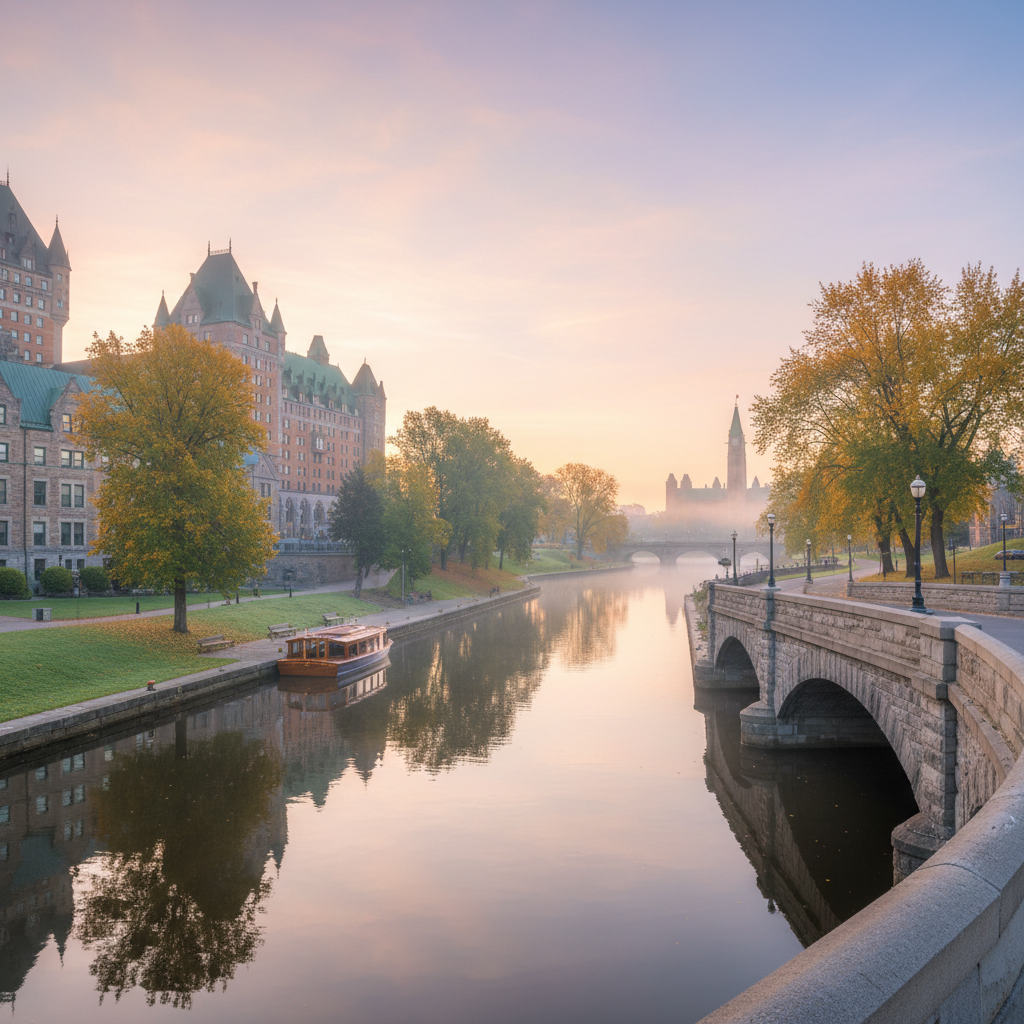 Early morning light on the Rideau Canal with fog rising from the water