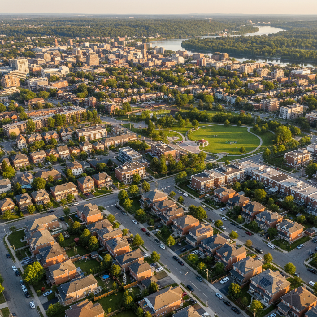 Aerial view of Ottawa showing the Rideau Canal, Parliament Hill, and surrounding residential neighbourhoods