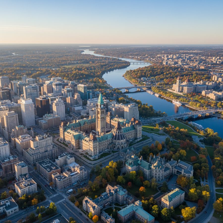 Aerial view of Ottawa showing the Parliament buildings, canal, and river