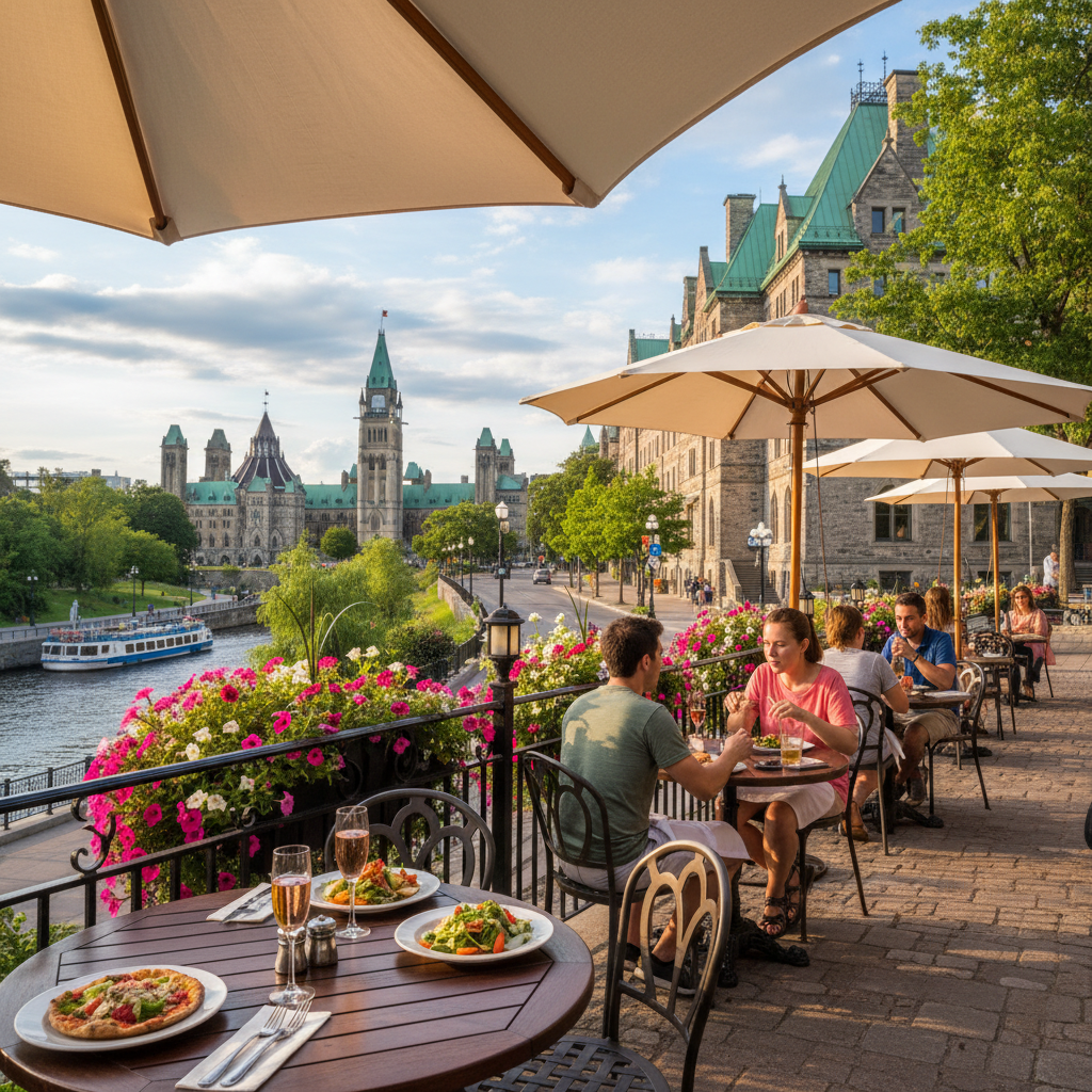 Diners at a restaurant patio on Elgin Street during a warm summer evening in Ottawa