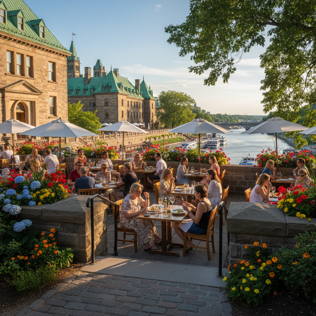 A sunny restaurant patio with diners enjoying food and drinks in Ottawa