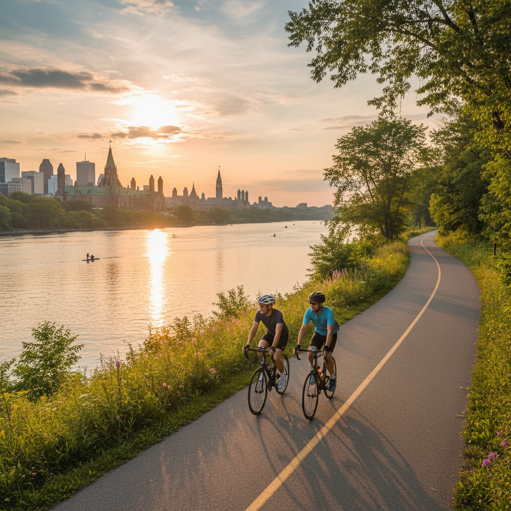 Cyclists on the Ottawa River pathway with Parliament in the distance
