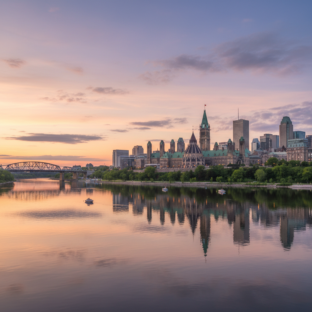 Ottawa skyline with Parliament Hill and the Chateau Laurier seen from across the Ottawa River