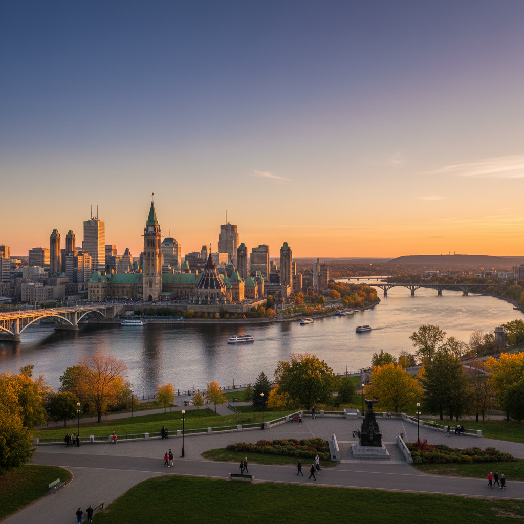 Ottawa skyline showing Parliament Hill and the Chateau Laurier from across the Ottawa River