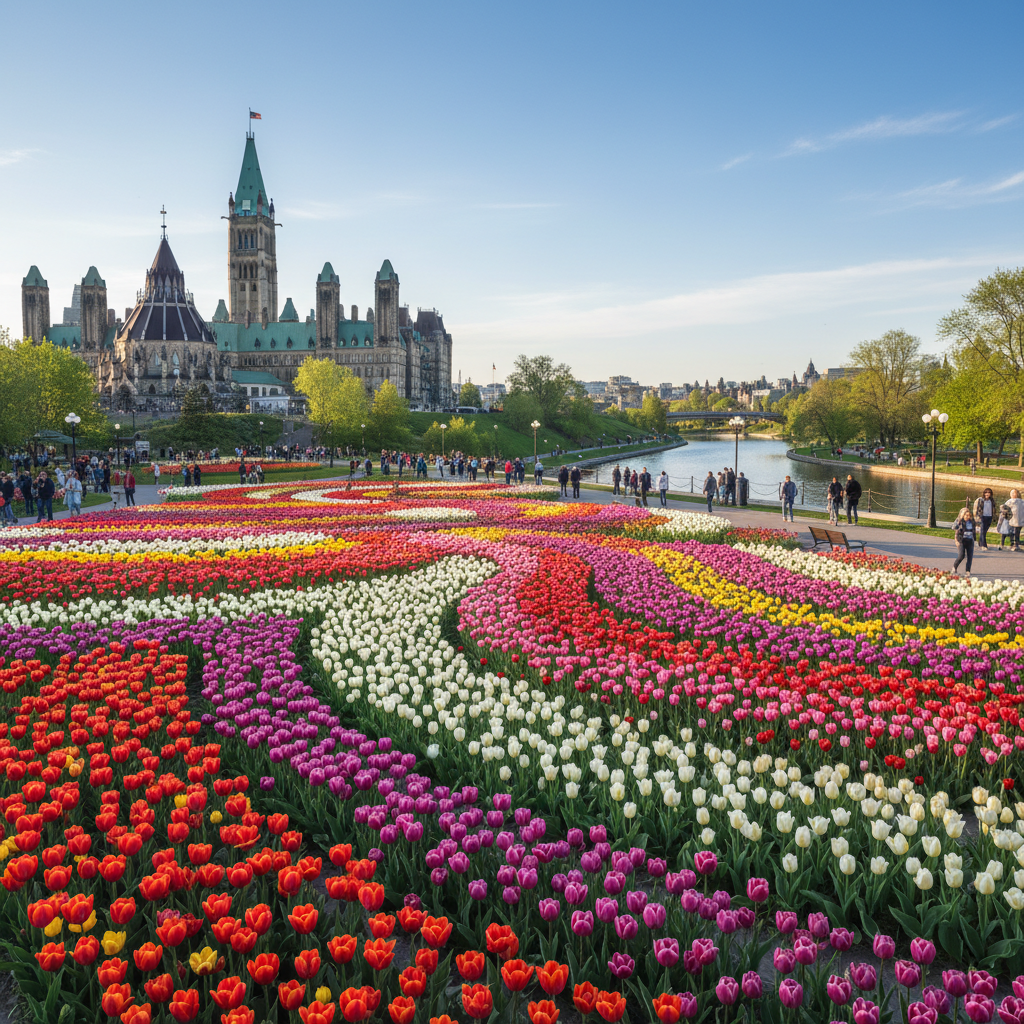 Rows of colourful tulips blooming near Dow's Lake during the Canadian Tulip Festival