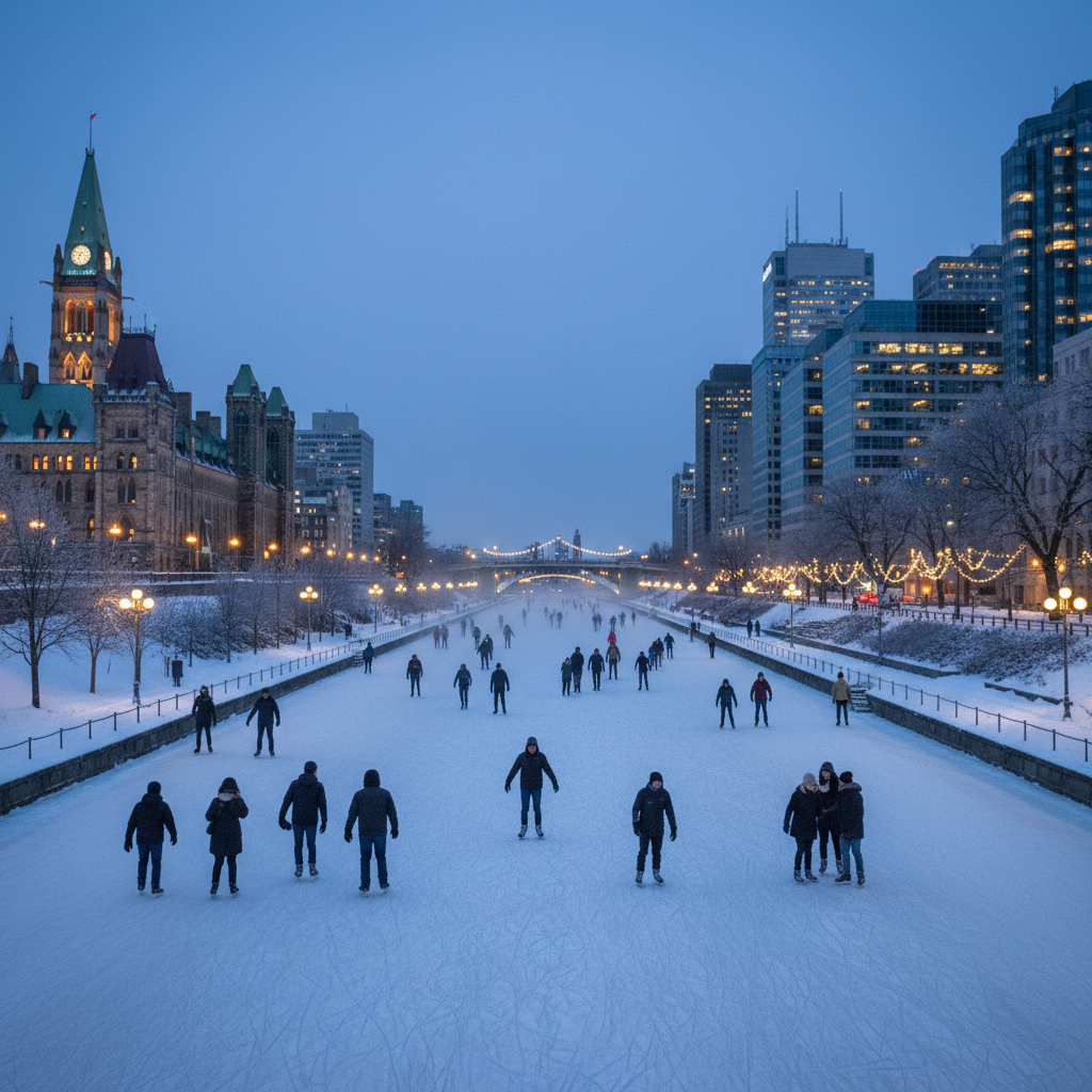 Rideau Canal Skateway lit up on a winter evening