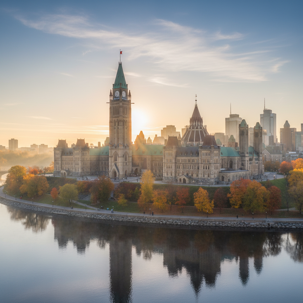 Parliament Hill seen from the Ottawa River pathway in the morning