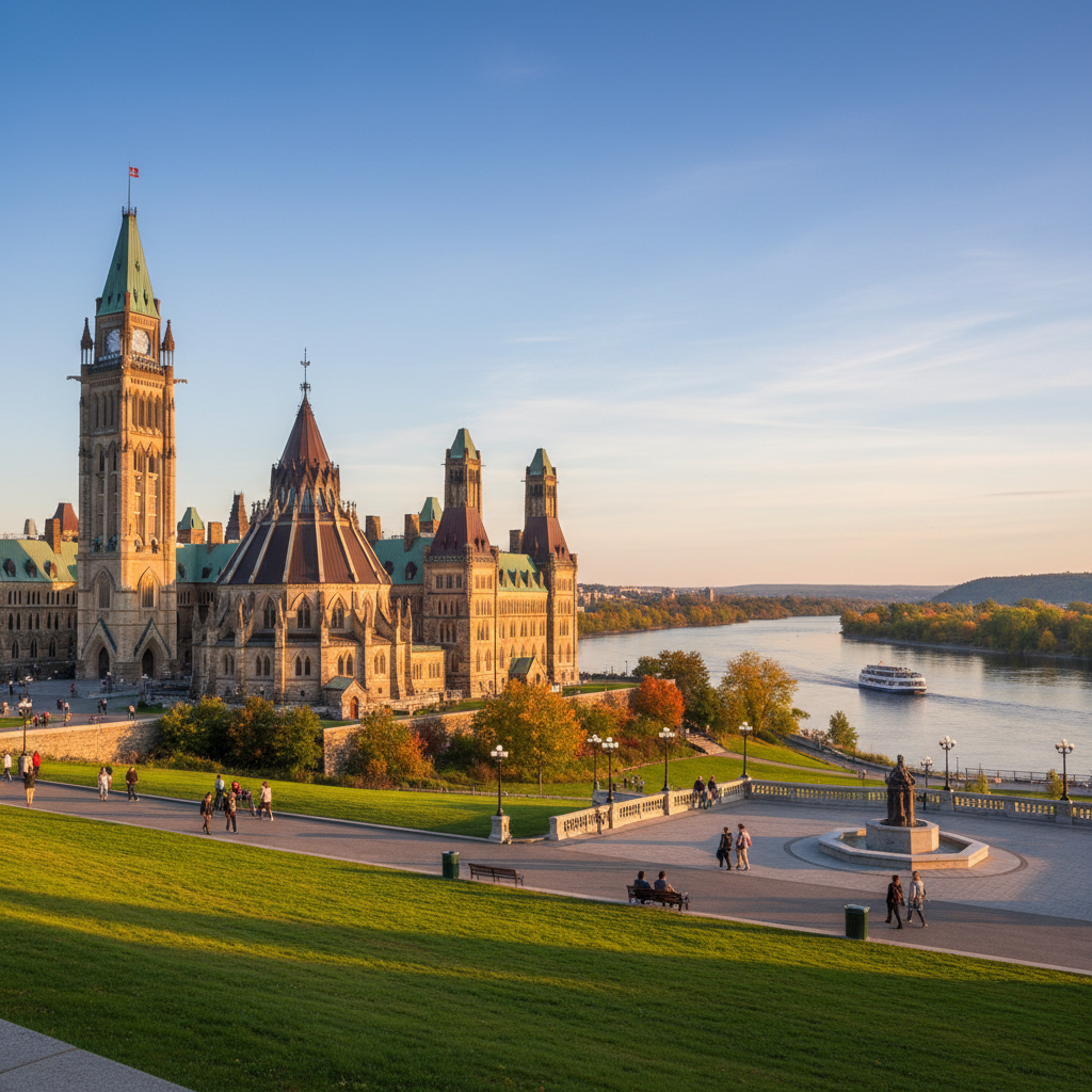 Parliament Hill seen from the Ottawa River pathway on a clear morning