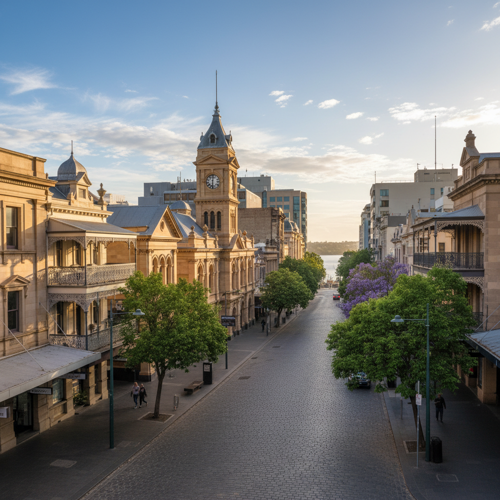 Heritage limestone buildings on Gore Street in Perth, Ontario with autumn trees lining the sidewalk