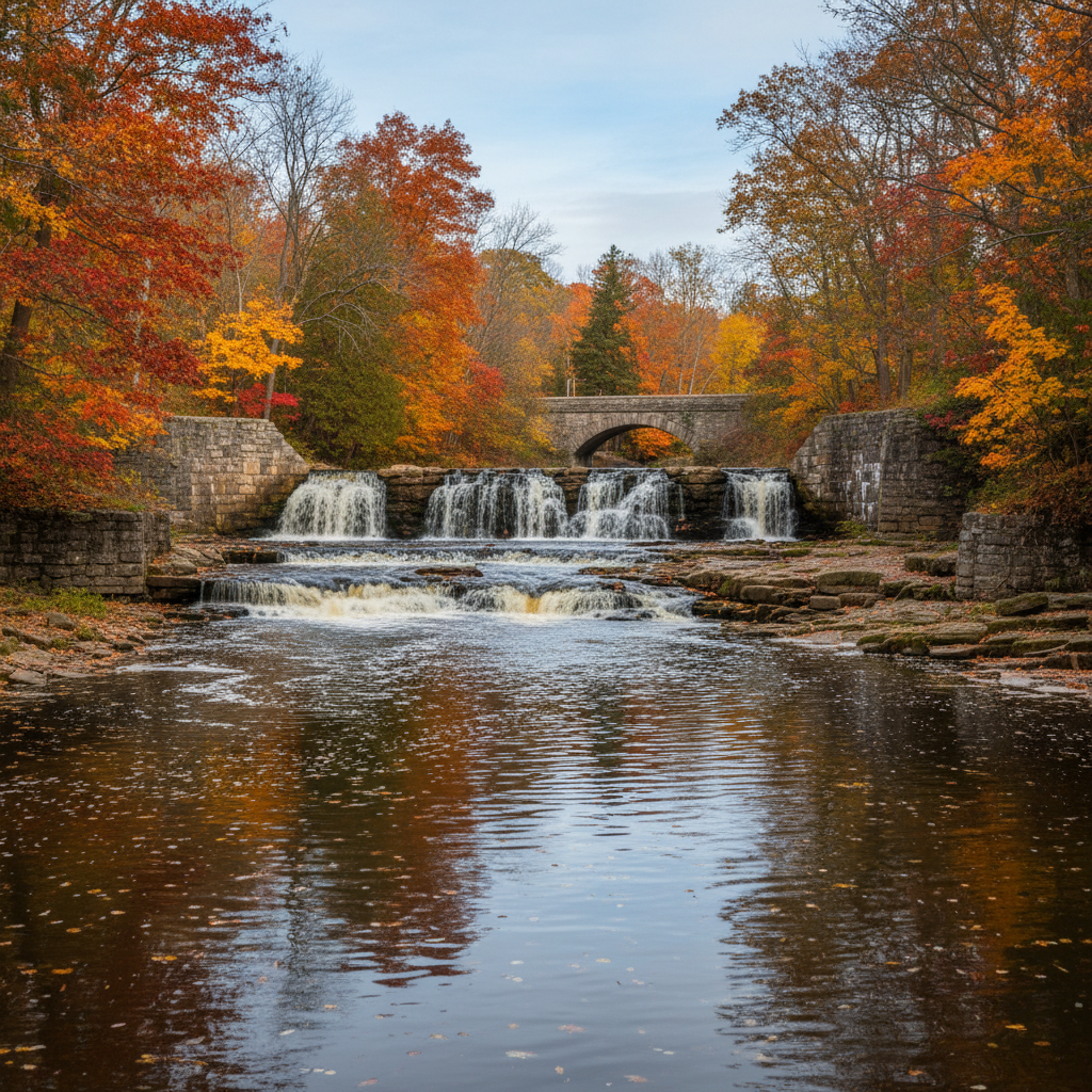Stone buildings along the Tay Canal in Perth with autumn trees reflected in the water