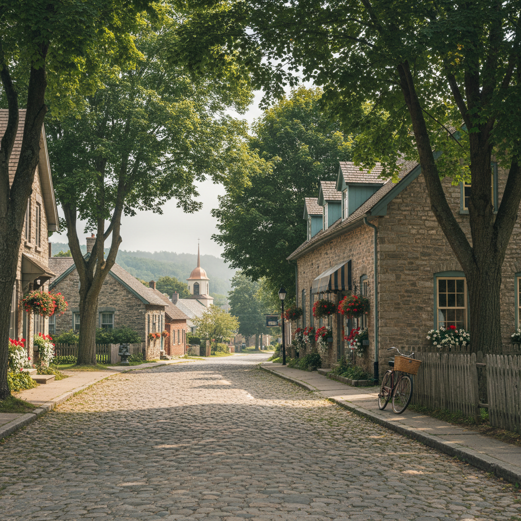 A quiet main street in a small Eastern Ontario village with heritage storefronts and no crowds