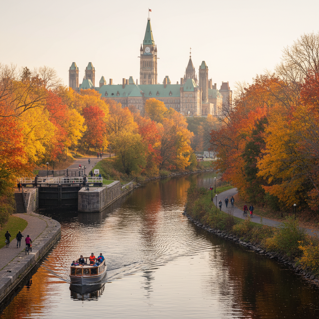 Rideau Canal pathway lined with colourful fall foliage in early October