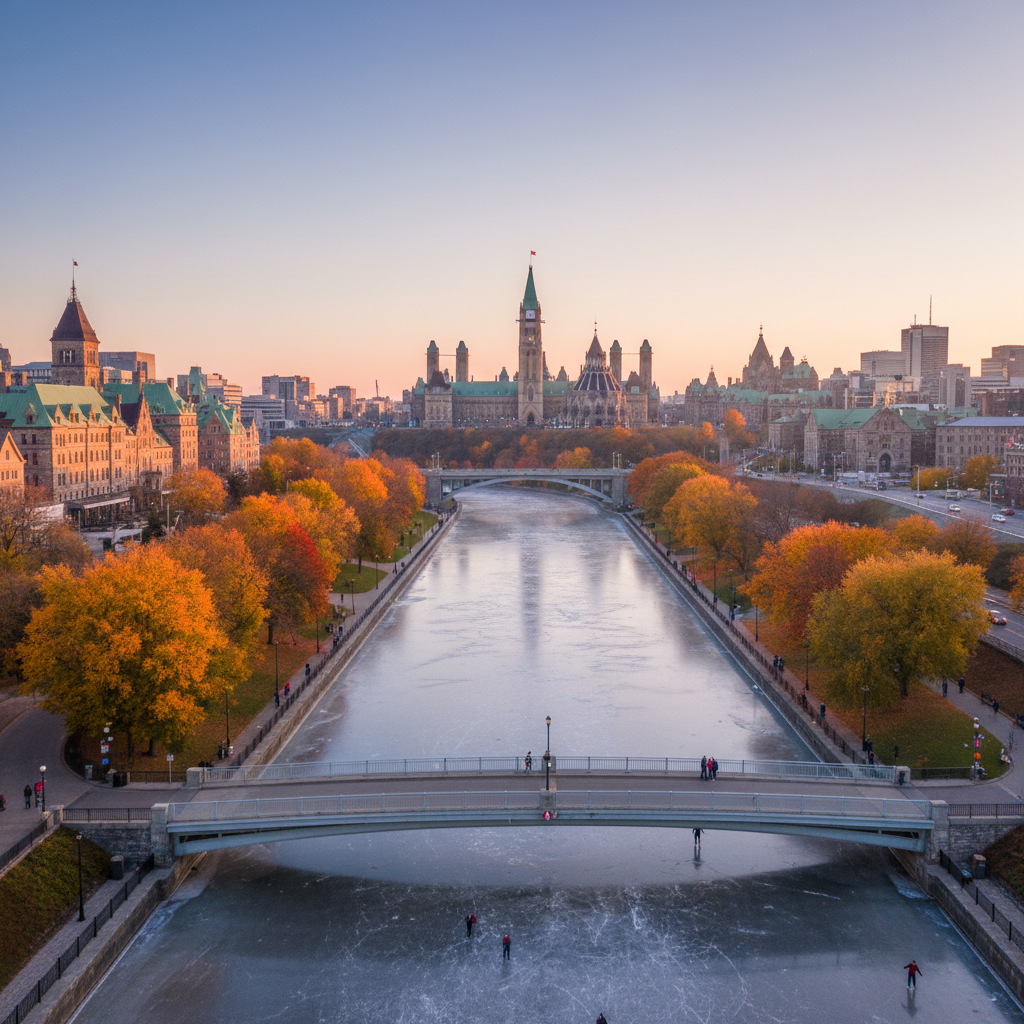 View along the Rideau Canal from a bridge in Ottawa with trees lining both sides