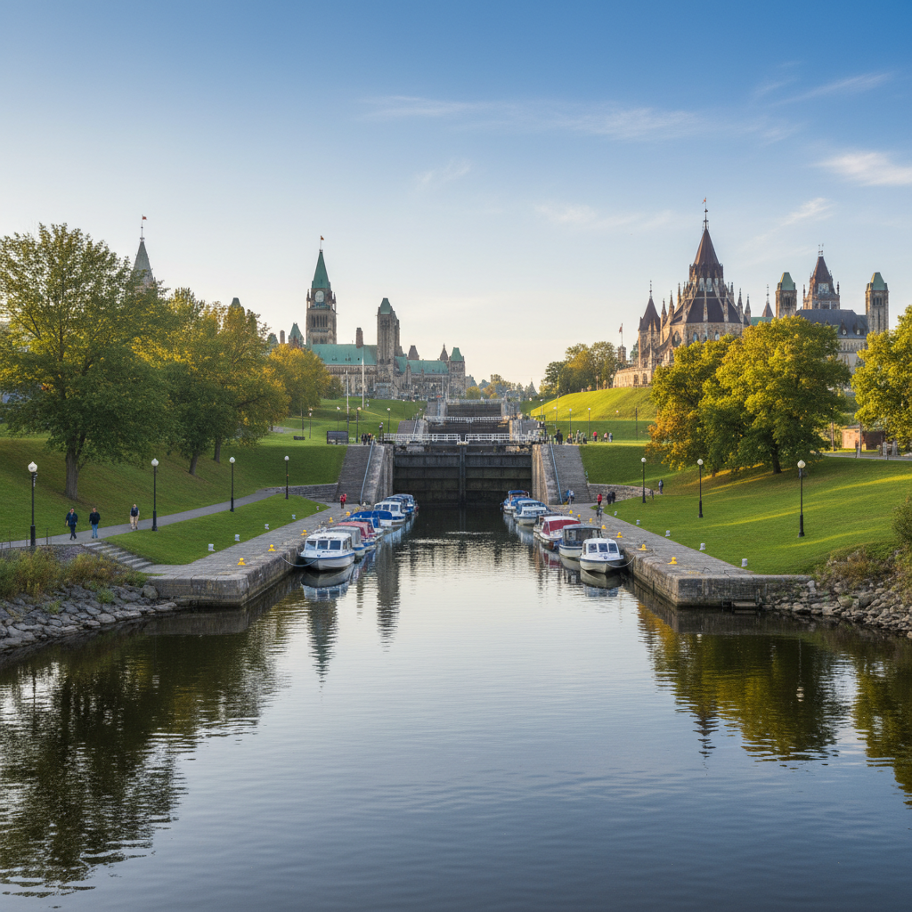 Ottawa locks on the Rideau Canal with the Chateau Laurier in the background