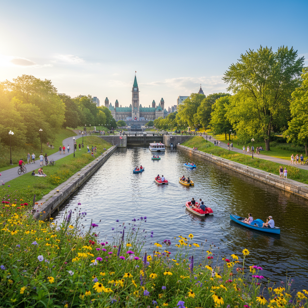 Rideau Canal on a sunny summer day with boats and green trees lining the banks