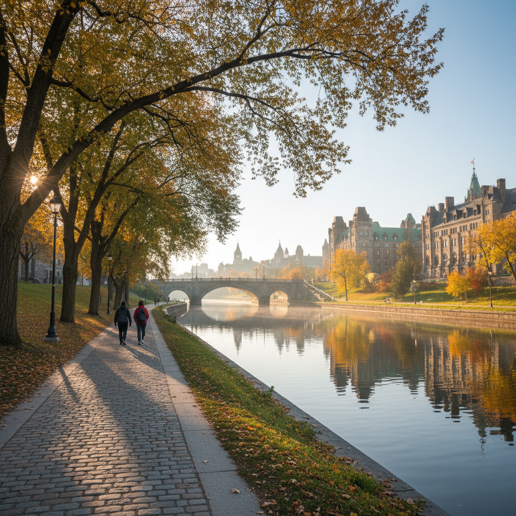 People walking along the Rideau Canal pathway in Ottawa on a clear day