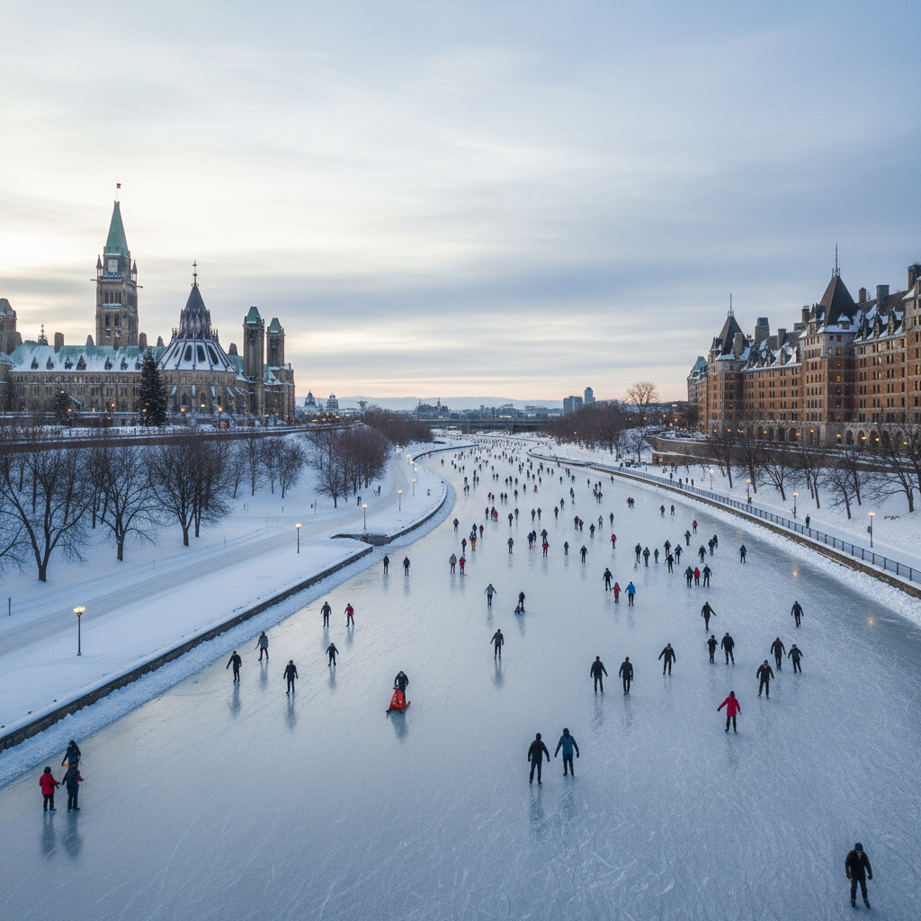 Skaters on the Rideau Canal Skateway with snow-covered trees lining both sides