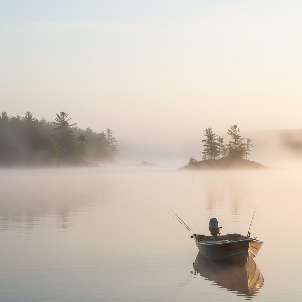 Morning mist rising off a Rideau Lake with a dock in the foreground