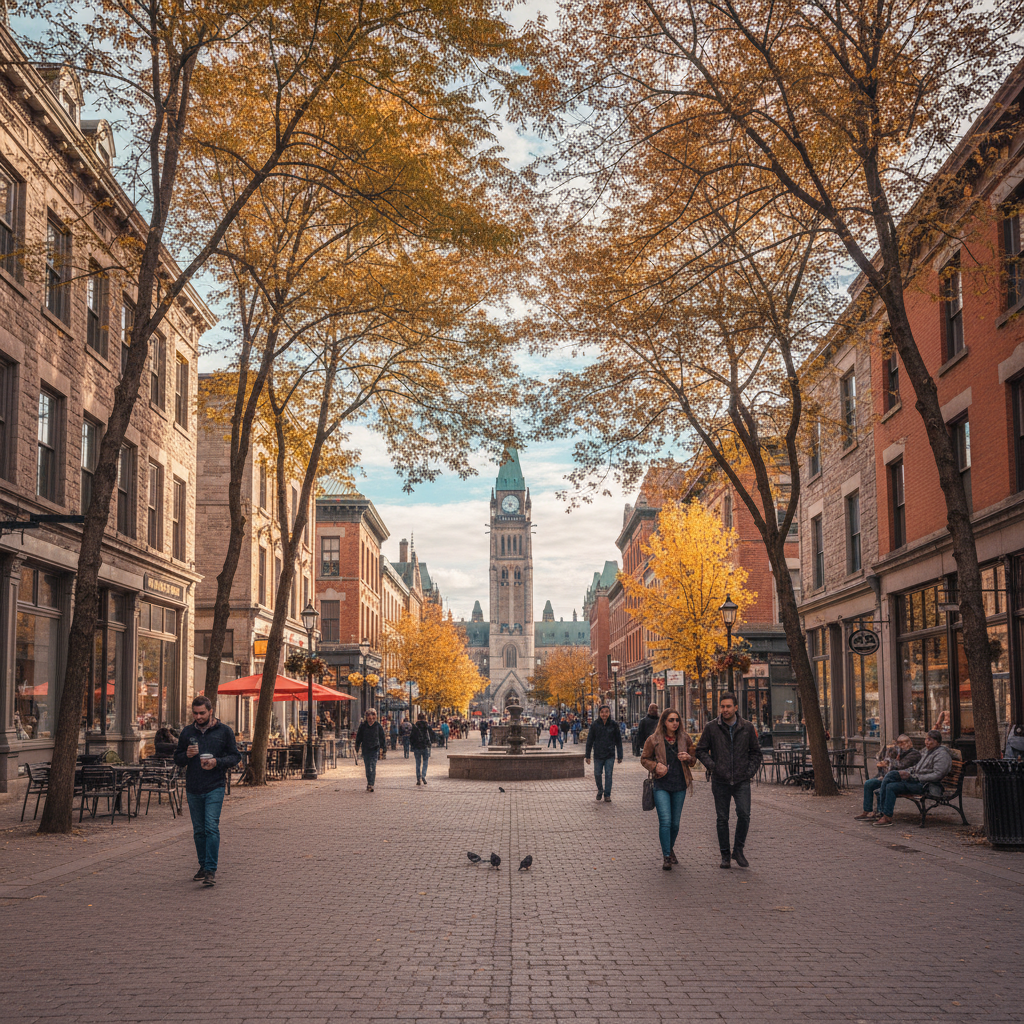 Pedestrians walking along Sparks Street in downtown Ottawa on a sunny afternoon