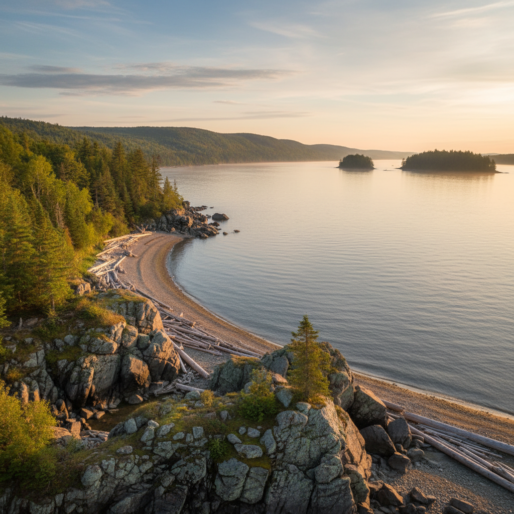 The St. Lawrence River shoreline near Morrisburg with calm water and distant treeline