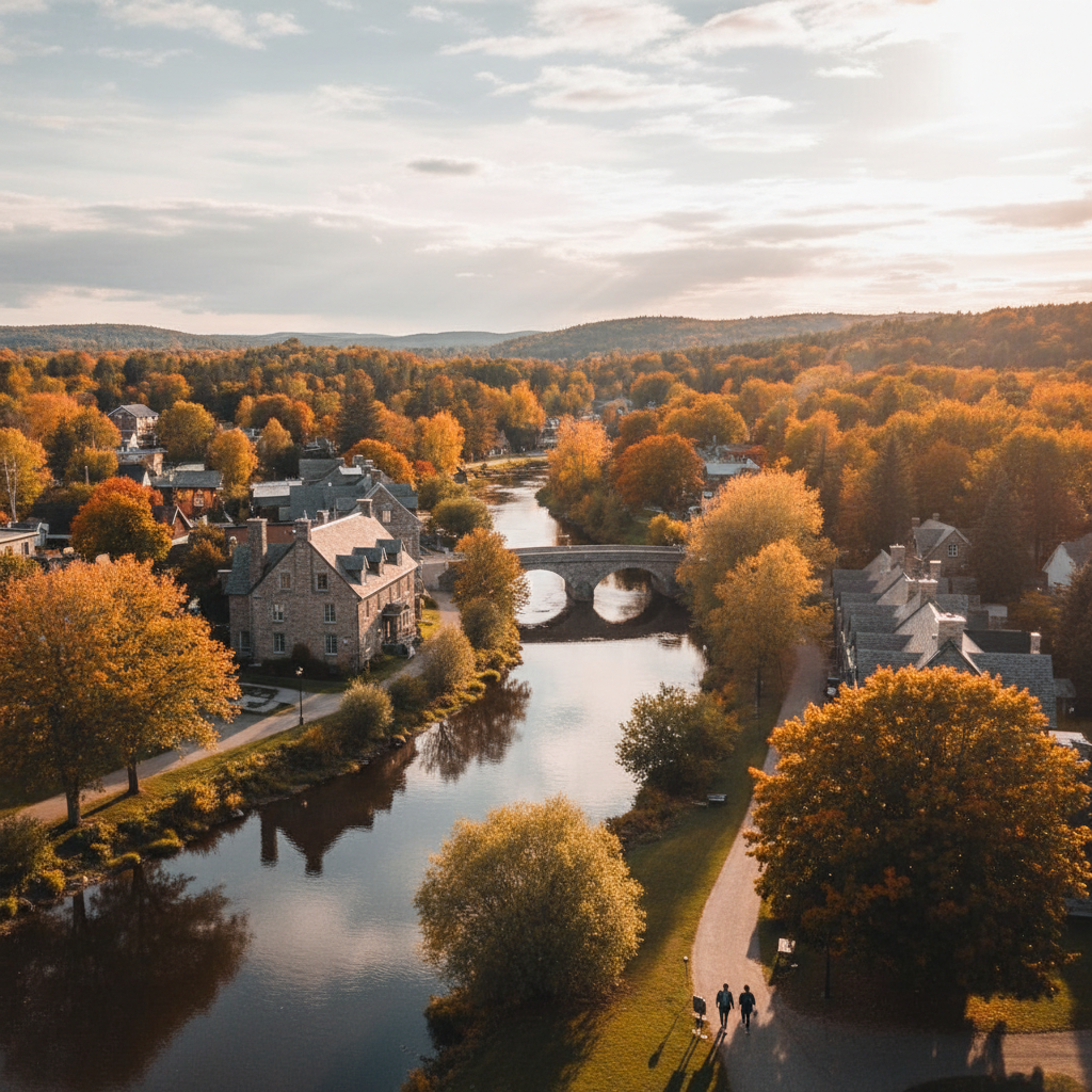 Stone buildings along the Tay River in Perth, Ontario